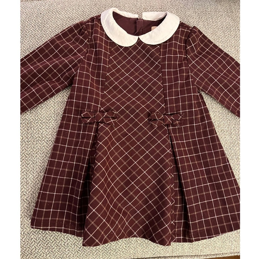 Chickeeduck Preppy Redwood‎ plaid and white Peter Pan collar bow detail Dress 3T - Picture 2 of 6